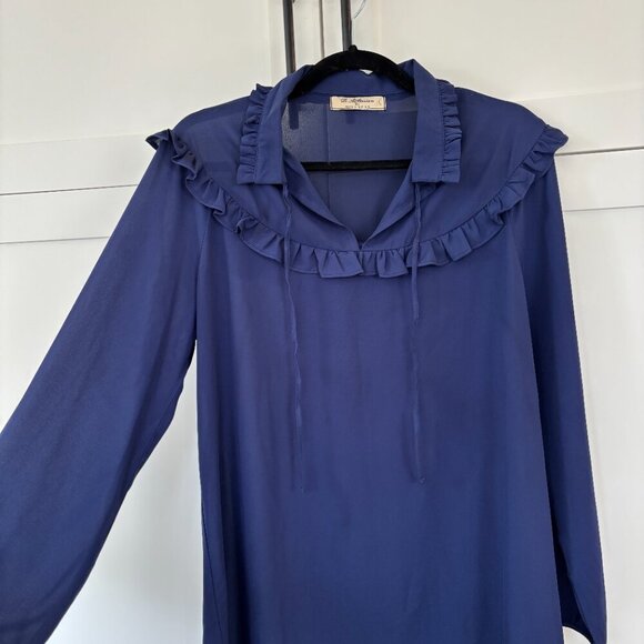 Vintage Ruffle Detail Long Sleeve Navy Blue Blouse D. Affortun by Dina Khan - Picture 2 of 7